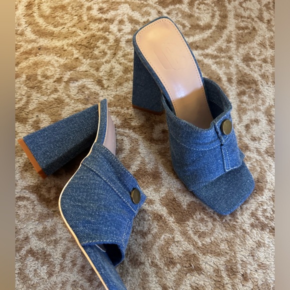 Shoes - Denim Slide Mules with Block Heel - Blue